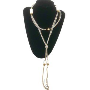 VINTAGE 80s MONET Long Multi-Strand Gold & White Knotted Pendant Necklace